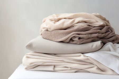 Soft blanket made of neutral fabric in a pile used as a backgroundの素材