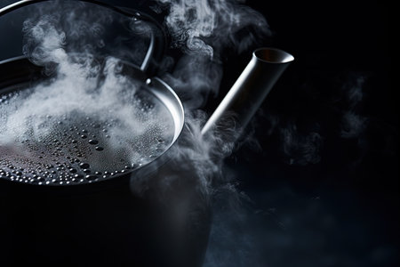 Steam and bubbles in an electric kettle close up against black backgroundの素材