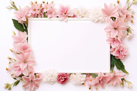 Top view minimalist floral composition with blank copy space made of stunning flower bouquet on whitの素材