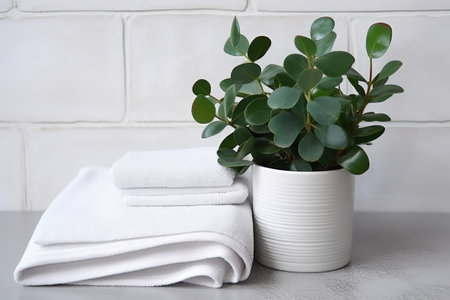 White wooden box with gray soft fleece blanket and young Ficus plant in white flower pot on it againの素材