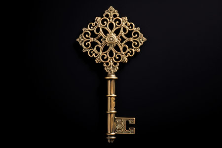 Antique key with elaborate golden design isolated on black backgroundの素材