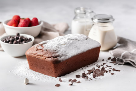 Baking concept chocolate cake with fresh ingredients on white tableの素材