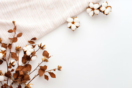 Autumn themed flat lay composition cotton flowers plaid coffee cup on white background symbolizing aの素材