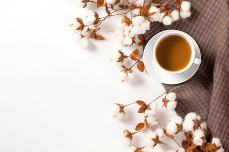 Autumn themed flat lay composition cotton flowers plaid coffee cup on white background symbolizing aの素材