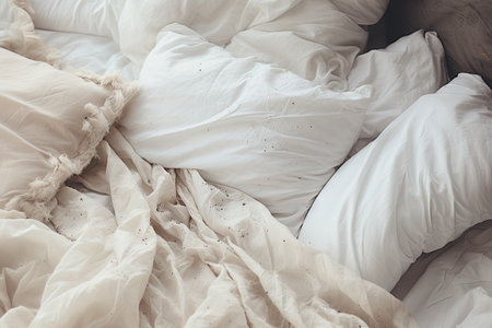 Close up of disheveled bed with soft white pillowsの素材