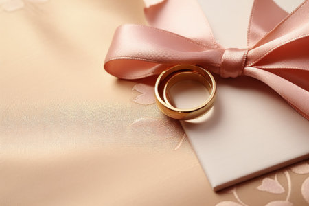 Close up view of two golden wedding rings on an invitation card with a pink bow set against a brownの素材