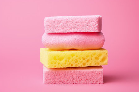 Cleaning concept illustrated with a pink background and a stack of melamine household spongesの素材