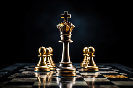 Business leader in battle chess game stands on chessboard with black background symbolizing market sの素材