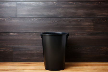 Empty trash can on wooden floor Top view Empty garbage bin banner Garbage basket with plastic packagの素材