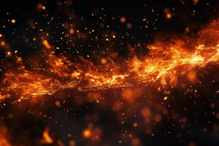 Fire sparks in motion blur over black background Abstract dark glowing fire particlesの素材