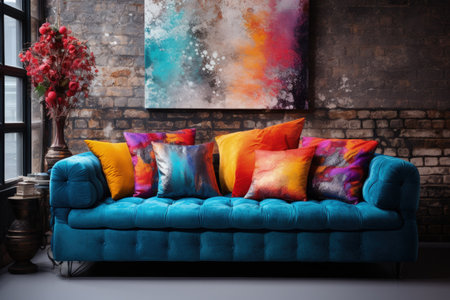 Colorful pillows on couch in the living areaの素材
