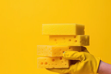 Hand in yellow rubber glove holds sponge for washing and cleaning hand emerges from pile of spongesの素材