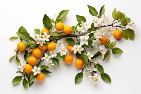 Isolated orange tree branches with leaves and sliced fruit on white backgroundの素材