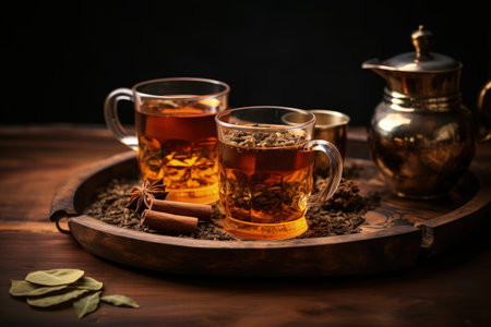 Indian masala chai or tea served in traditional glasses with spices on a dark wooden background reprの素材