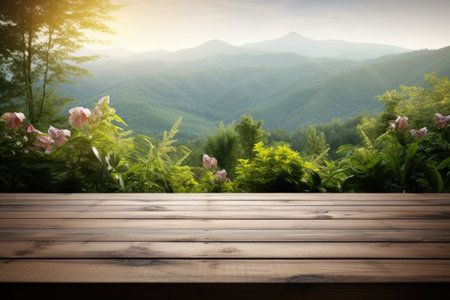 Morning nature landscape with wooden terrace tableの素材