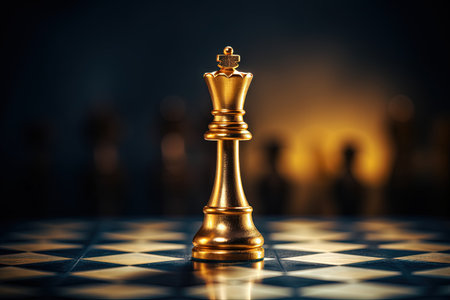 Lonely golden queen chess piece symbolizing leadership and business strategy on dark chessboard backの素材
