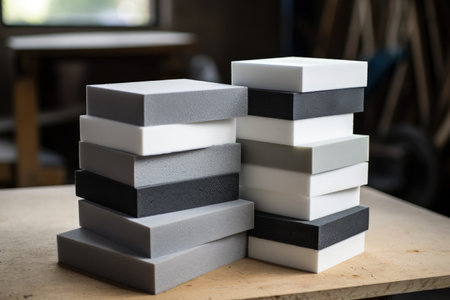 Neatly stacked gray and white foam sponges of various thicknessesの素材