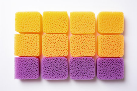 Multi colored foam sponge for washing dishes on white background top view flat layの素材