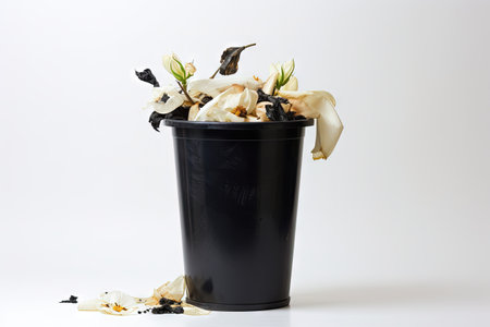 Overflowing garbage bin on a white surfaceの素材