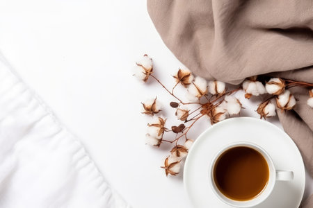 Autumn themed flat lay composition cotton flowers plaid coffee cup on white background symbolizing aの素材