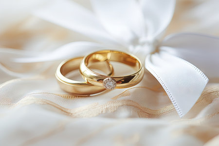 Background with two wedding rings and white bowの素材