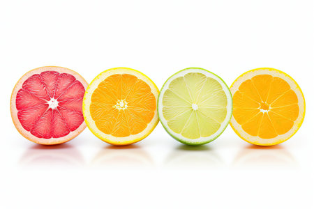 Fresh sliced citrus fruits orange grapefruit lime lemon arranged in a row on a white background withの素材