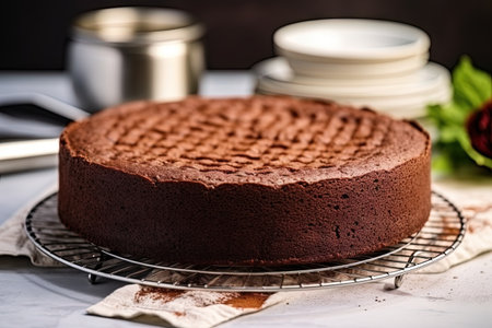 Freshly baked homemade chocolate chiffon cake on white table Fluffy moist and rich Using cooking uteの素材