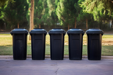 Four black trash cans in front of a house aiding waste separation awaiting collection to help the enの素材