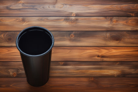 Empty trash can on wooden floor Top view Empty garbage bin banner Garbage basket with plastic packagの素材