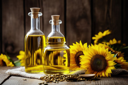 Closeup banner sunflower oil bottles with sunflower flowers rural setting with text spaceの素材