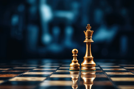 Lonely golden queen chess piece symbolizing leadership and business strategy on dark chessboard backの素材