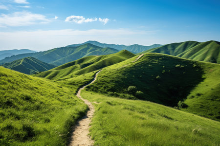 Hiking route through verdant mountain terrainの素材