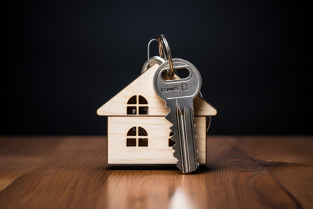 Symbolic house with silver keys on wooden surface representing real estateの素材
