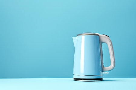 Modern electric kettle on light blue backdropの素材