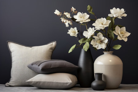 Grey background with pillows and flowersの素材