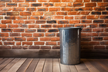 Outdoor trash can against brick wall background stock photoの素材
