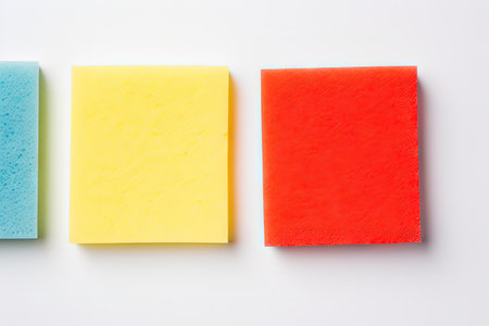 Flat lay of colorful sponges on cream paper top view with empty spaceの素材