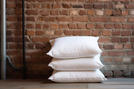 Soft bed pillows stacked on chair next to brick wall with room for textの素材