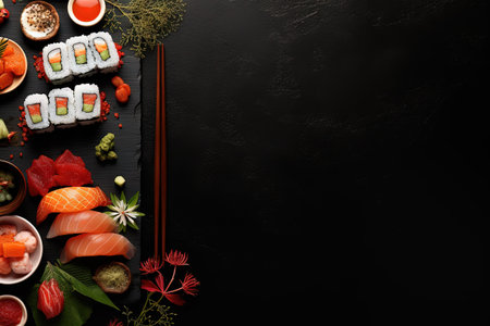 Japanese sushi set viewed from above with empty areaの素材