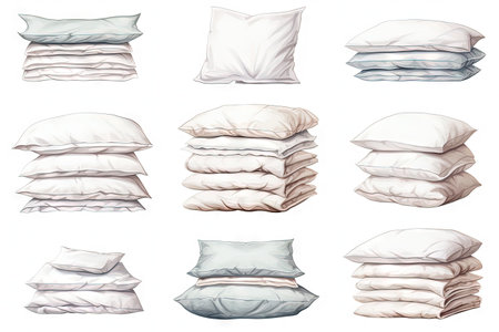 Stack of bedding on white background with two pillows isolated Bedding collection catalogの素材