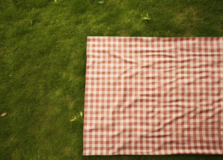 Top view of picnic tablecloth on grass text space availableの素材