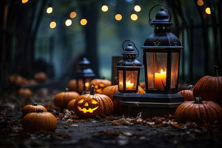 Pumpkins and lanterns on spooky table in forestの素材
