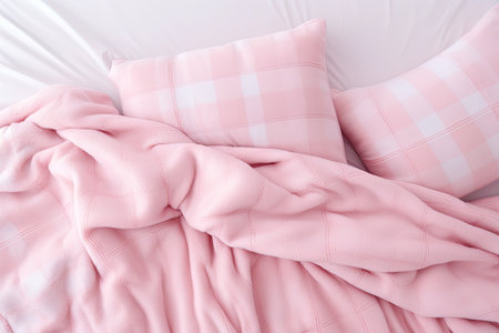 Pink knitted plaid bedding with copy space flat lay top viewの素材