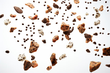 Flying dog food scattered in various directions on white backdropの素材