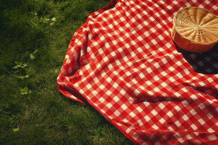 Top view of a picnic cloth on the grassの素材