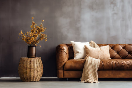 Loft living room with brown couch knitted blanket cushions side table with flowers in vase and wickeの素材