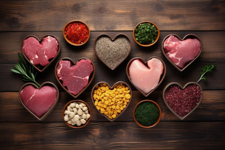 Overhead view of heart shaped bowls with fresh ingredients for pet food beef liver chicken mixed vegの素材
