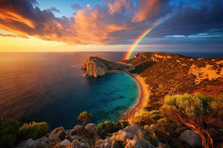 Stunning scenery featuring a turquoise sea and a double rainbow at sunsetの素材