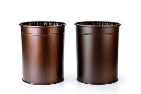 Two trash cans metal one open one closed alone on white backgroundの素材