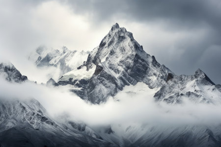 Snow covered peaks and cloudy alpine sceneryの素材
